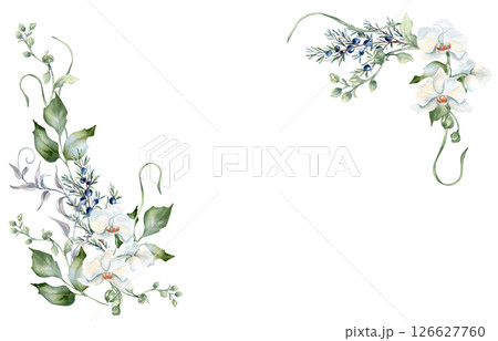 White orchid floral corner frame in watercolor with leafy green elements isolated on. Elegant greenery design with flowers and juniper hand drawn for wedding invitations, branding, and greeting cards. 126627760