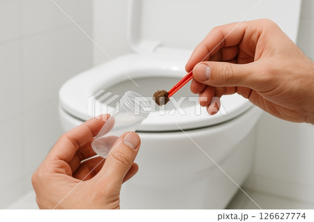 Person collecting stool sample in bathroom with testing tools. concept of medical analysis, health monitoring, diagnostic procedure, sample collection, clinical testing 126627774