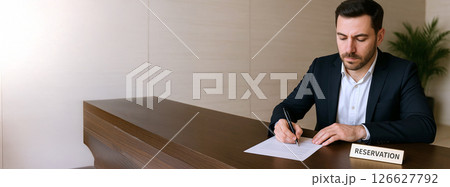 Caucasian man registering at hotel reception desk in formal attire. concept of business travel, hospitality check-in, professional demeanor, accommodation booking, Copy space, Wide banner 126627792