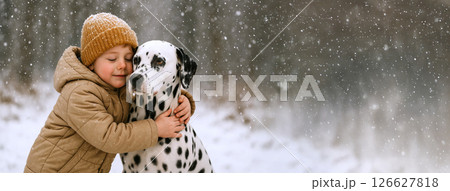 Cute little boy hugging Dalmatian dog outdoors in snowy winter forest. Concept of friendship, childhood love, winter pet companionship, snowy day joy, Copy space. Wide Banner 126627818