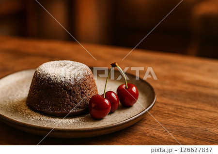 Delicious chocolate lava cake with fresh cherries on wooden table in cozy cafe. concept of gourmet dessert, sweet indulgence, elegant dining experience, culinary delight Delicious chocolate lava cake with fresh cherries on wooden table in cozy cafe. concept of gourmet dessert, sweet indulgence, elegant dining experience, culinary delight 126627837