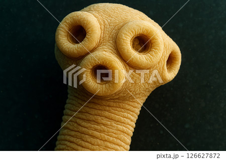 Microscope view of tapeworm head displaying details of parasitic structure in close-up science study. concept of parasitology, microbiology, and scientific research 126627872