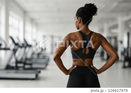 Confident african american woman in gym showing strong stance and fit physique. concept of determination, fitness goals, empowerment, health and wellness. Copy space 126627879