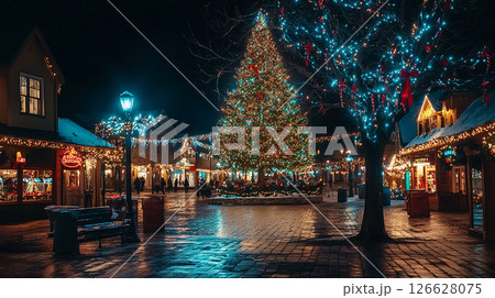 Festive holiday celebration with a grand Christmas tree illuminated at night in a charming town square 126628075