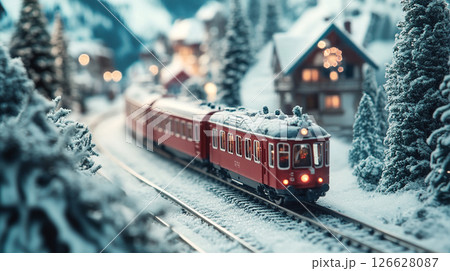 Red train travels through a snowy landscape surrounded by mountains and festive lights during winter twilight 126628087