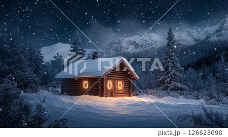 Cozy cabin in a snowy landscape surrounded by mountains during a winter night Cozy cabin in a snowy landscape surrounded by mountains during a winter night 126628098