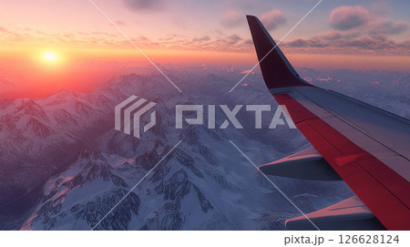 Captivating view of snow-capped mountains from an airplane window during sunset 126628124