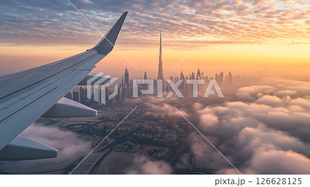 Stunning aerial view of Dubai skyline at sunset with airplane wing in foreground Stunning aerial view of Dubai skyline at sunset with airplane wing in foreground 126628125