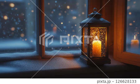 Cozy lantern illuminates snowy evening by the window with twinkling lights in the background Cozy lantern illuminates snowy evening by the window with twinkling lights in the background 126628133