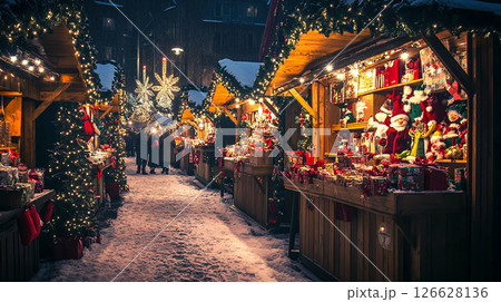 Festive winter market bustling with shoppers and decorated stalls during the evening 126628136