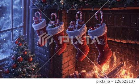 Christmas stockings hang by the fireplace next to a beautifully decorated tree with sparkling lights 126628137