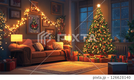 Beautifully decorated living room with a Christmas tree illuminated by soft lights and surrounded by gifts in the evening 126628140