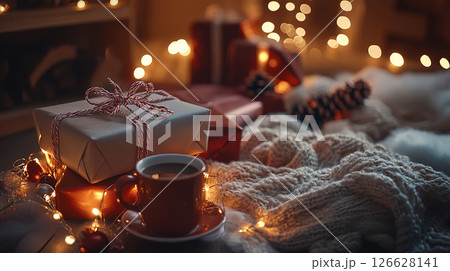 Cozy holiday setting with gifts, a warm drink, and festive decorations in soft lighting Cozy holiday setting with gifts, a warm drink, and festive decorations in soft lighting 126628141