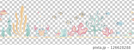 Cartoon underwater border with sea life. Seaweed, coral, shells, fish and a crab. Hand-painted watercolor illustration. Great for nursery decor, kids textiles, stationery, party supplies 126628288