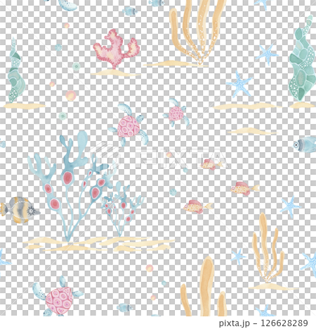 Underwater cartoon pattern. Cute sea animals and seaweeds in pastel tones. Hand-painted watercolor illustration. Perfect for nursery decor, kids textile, ocean-themed projects 126628289