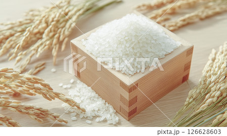 枡に盛られた白米と稲穂の和風イメージ。秋の新米の収穫を感じさせる稲とお米 枡に盛られた白米と稲穂の和風イメージ。秋の新米の収穫を感じさせる稲とお米 126628603