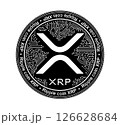 Cryptocurrency coin XRP. The coin is depicted in black and white. Financial business. Vector illustration. 126628684