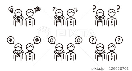 ネガティブな感情のピクトグラム。悩んでいる、もやもやしている、困っている人のアイコン。 ネガティブな感情のピクトグラム。悩んでいる、もやもやしている、困っている人のアイコン。 126628701