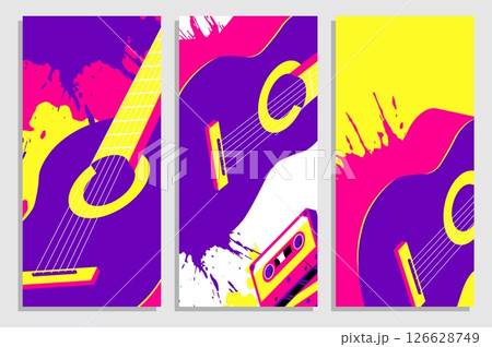 Set of vertical flyers with classical six string guitar droped with colored blots, dots of paint. Templates for party invitation, banner, brochures print. Vector Set of vertical flyers with classical six string guitar droped with colored blots, dots of paint. Templates for party invitation, banner, brochures print. Vector 126628749
