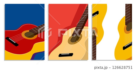 Three dimensional classical six string guitar vertical poster A4 set. Guitarist musical instrument. Minimalist classical guitar music evening vector flyer templates 126628751