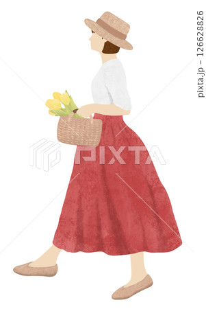黄色の花を持つ赤いスカートの女性 126628826
