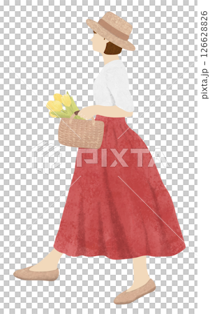 黄色の花を持つ赤いスカートの女性 126628826