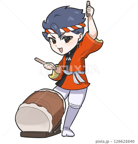 法被を着て和太鼓を叩くお祭りを楽しく盛りあげる日本人男性のSDイラスト 126628840