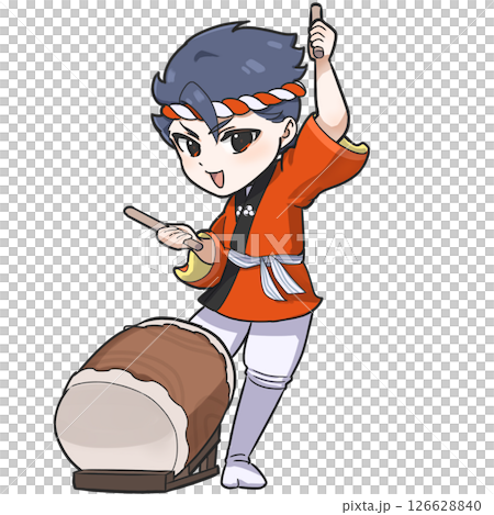 SD illustration of a Japanese man wearing a happi coat and playing a Japanese drum at a festival 126628840