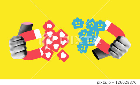 Composite art collage Two fists hold magnets attracting red hearts and blue bots, representing real audience vs artificial boost in digital space. Composite art collage Two fists hold magnets attracting red hearts and blue bots, representing real audience vs artificial boost in digital space. 126628870