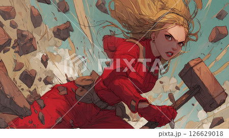 ハンマーを振るう女性戦士|迫力あるアクションシーンのダイナミックイラスト/象徴的スクラップ&ビルド ハンマーを振るう女性戦士|迫力あるアクションシーンのダイナミックイラスト/象徴的スクラップ&ビルド 126629018