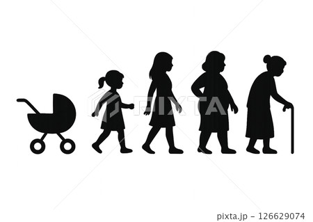 PNG black silhouette evolution of woman from baby stroller to old age isolated on transparent background. Concept of life stages, female aging process, generational development timeline illustration 126629074