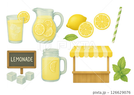 Png set of lemonade objects including glasses, pitcher, lemons, and stand isolated on transparent background. concept of summer refreshment, lemonade stand, fresh drinks. 126629076