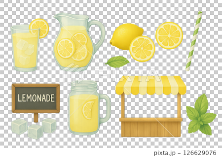 Png set of lemonade objects including glasses, pitcher, lemons, and stand isolated on transparent background. concept of summer refreshment, lemonade stand, fresh drinks. 126629076