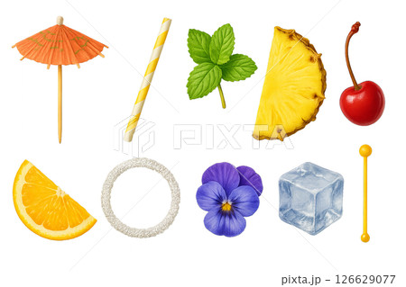 Png set of tropical cocktail garnishes with fruits and mint isolated on transparent background. concept of drink decoration, summer drinks, cocktail ingredients. 126629077