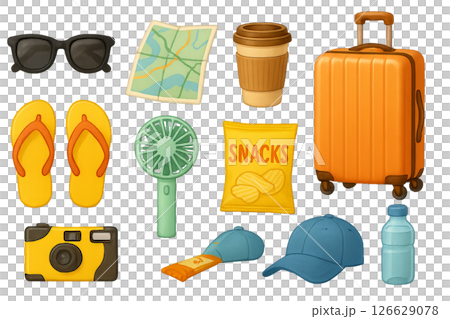 Png set of summer road trip essentials including sunglasses, map, coffee, luggage, flip-flops, fan, camera, snacks, cap, water bottle isolated on transparent background. 126629078