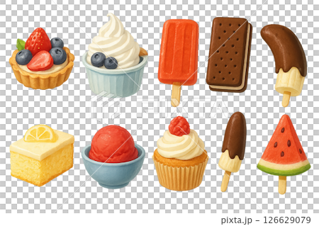 Png summer dessert medley with cakes, ice cream, and fruity treats isolated on transparent background. concept of seasonal sweets, refreshing snacks, party desserts. 126629079