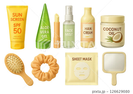 Png set of summer beauty essentials with sunscreen, aloe vera, lip balm, and hand cream isolated on transparent background. concept of skincare, summer cosmetic products, beauty regimen. 126629080