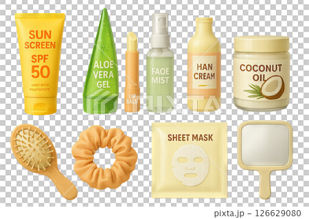 Png set of summer beauty essentials with sunscreen, aloe vera, lip balm, and hand cream isolated on transparent background. concept of skincare, summer cosmetic products, beauty regimen. 126629080