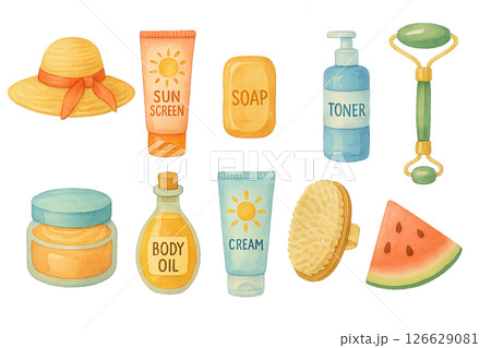 Png watercolor set of summer skincare essentials with sunscreen, soap, and toner isolated on transparent background. concept of warm weather skin protection, seasonal beauty products, personal care 126629081
