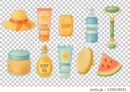 Png watercolor set of summer skincare essentials with sunscreen, soap, and toner isolated on transparent background. concept of warm weather skin protection, seasonal beauty products, personal care 126629081