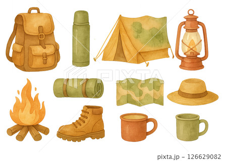 Png watercolor camping essentials set with tent, backpack, fire, boots, and more isolated on transparent background. concept of outdoor adventure, travel gear, summer camp design 126629082