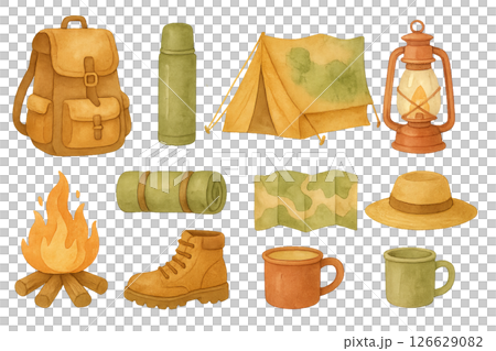 Png watercolor camping essentials set with tent, backpack, fire, boots, and more isolated on transparent background. concept of outdoor adventure, travel gear, summer camp design 126629082