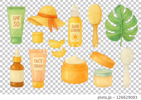 Png watercolor summer skincare set with spf creams, sunscreen, and accessories isolated on transparent background. concept of sun protection, beauty routine, vacation essentials. Png watercolor summer skincare set with spf creams, sunscreen, and accessories isolated on transparent background. concept of sun protection, beauty routine, vacation essentials. 126629083