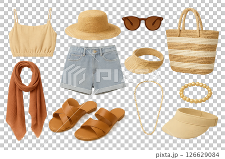 Png set of summer women's wardrobe essentials isolated on transparent background. concept of seasonal fashion, casual wear, and trendy accessories. perfect cut out for design projects. 126629084