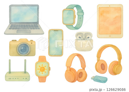 Png watercolor technology set with gadgets including laptop, smartwatch, tablet, headphones, and camera isolated on transparent background. concept of modern devices, digital lifestyle, tech elements 126629086