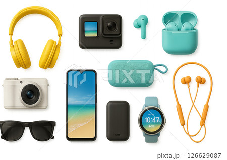 Png set of vibrant summer gadgets including headphones, camera, smartphone, and smartwatch isolated on transparent background. concept of tech accessories, travel gear, modern devices. 126629087