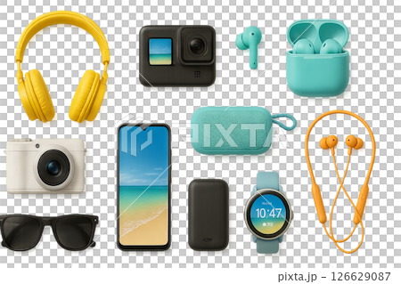 Png set of vibrant summer gadgets including headphones, camera, smartphone, and smartwatch isolated on transparent background. concept of tech accessories, travel gear, modern devices. 126629087