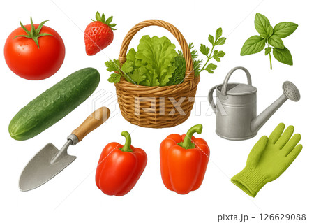 Png garden harvest set with vegetables, fruits, and gardening tools isolated on transparent background. concept of organic farming, homegrown produce, horticulture illustration. 126629088