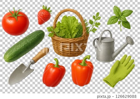 Png garden harvest set with vegetables, fruits, and gardening tools isolated on transparent background. concept of organic farming, homegrown produce, horticulture illustration. 126629088