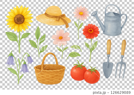 Png watercolor garden elements with flowers, hat, and garden tools isolated on transparent background. concept of summer garden decor, farming essentials, botanical illustration. 126629089